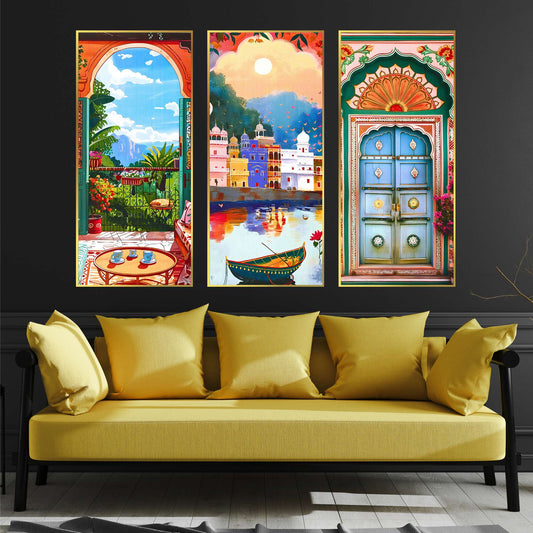 Set of Three large Wall Paintings for Wall Dacoration Golden Framed Wall Paintings for Living Room & Bedroom Wall Art for Home Decoration & Office Wall DÃ©cor (14x11 inch CH-LGD3-2)