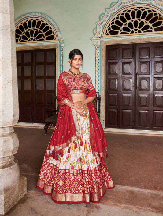 Women's Tussar Silk Patola Print Lehenga Choli with Dupatta ? Foil Work Stitched Lehenga Set - Maroon