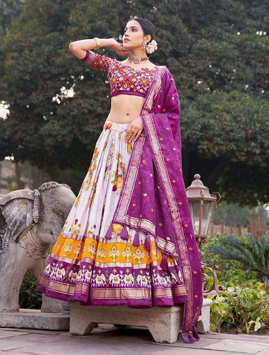 Women's Patola Print Tussar Silk Lehenga Choli Dupatta Set - Purple