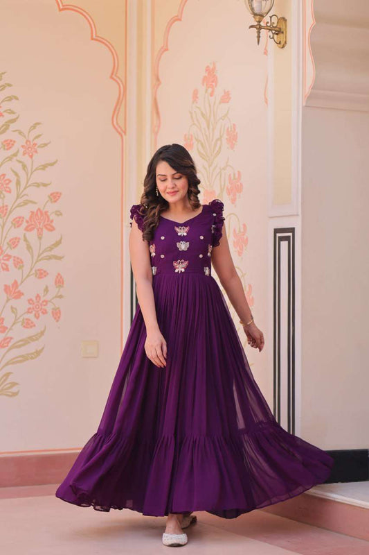 Women's Elegant Plum Purple Georgette Anarkali Gown with Butterfly Applique & Ruffle Sleeves â Festive & Special Occasion Wear - Purple, L (40)