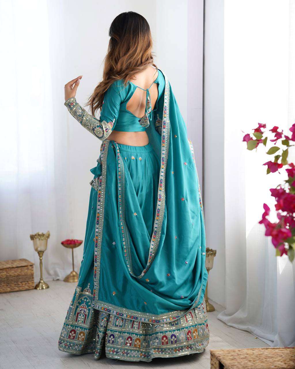 Women's Crepe Silk Sequence Embroidery and Zari Work Rajsthani Lehenga Choli with Dupatta - Aqua Blue, XXL
