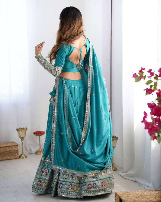 Women's Crepe Silk Sequence Embroidery and Zari Work Rajsthani Lehenga Choli with Dupatta - Aqua Blue, XXL