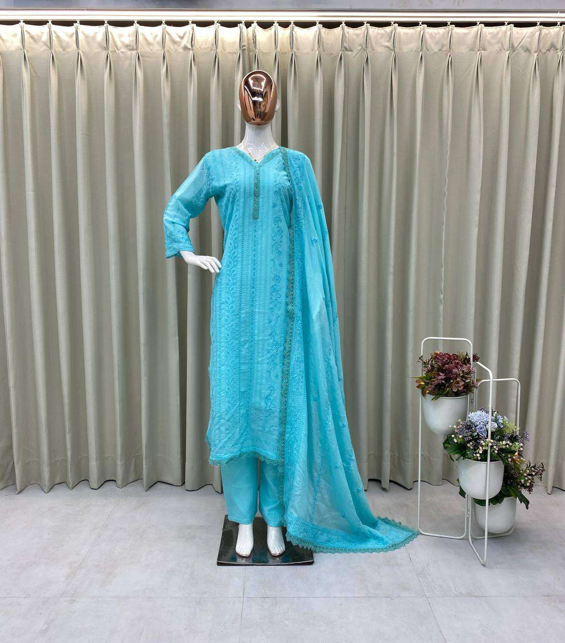Women's Chinon Silk with Cotton Thread Embroidery Straight Kurti With Pant and Dupatta set - Sky Blue, XL