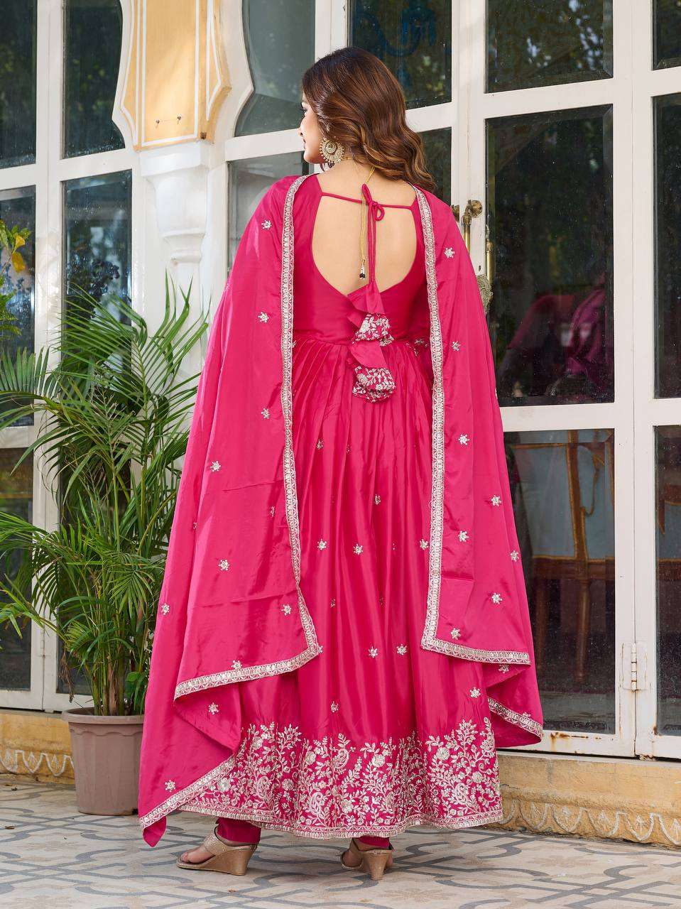 Women's American Silk Sequence Embroidery Long Anarkali Kurti Gown With Dupatta - Pink, M