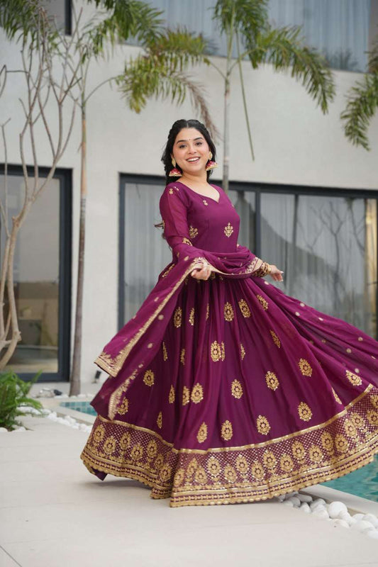 Womenâs Ethnic Anarkali Style Floor-Length Gown in Magenta with Golden Zari Embroidery â Festive & Wedding Wear - Wine Purple, L (40)