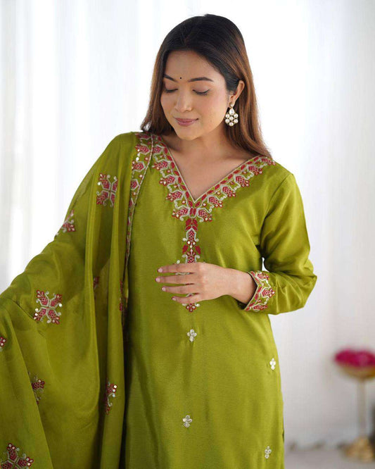 Women's Chinnon Silk Embroidery Sequence Work and Lace Work Straight Kurti With Pant and Dupatta - Lime Green, L