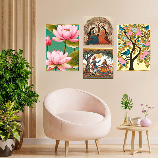 Set of Four Wall Paintings for Wall Dacoration Golden Framed Wall Paintings for Living Room & Bedroom Wall Art for Home Decoration & Office Wall DÃ©cor (13x10 inch CH-GD4-11)