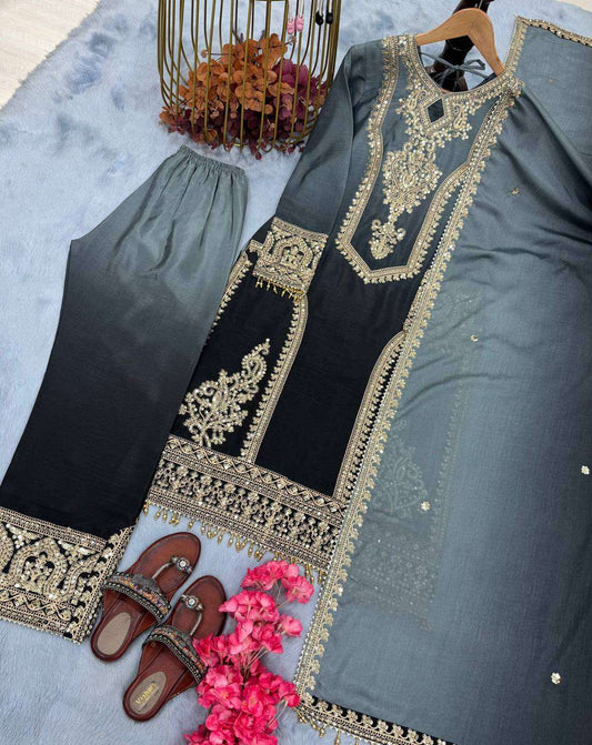 Women's Chinon Silk Embroidery Straight Pakistani Salwar Suit and Dupatta - Black, XXL