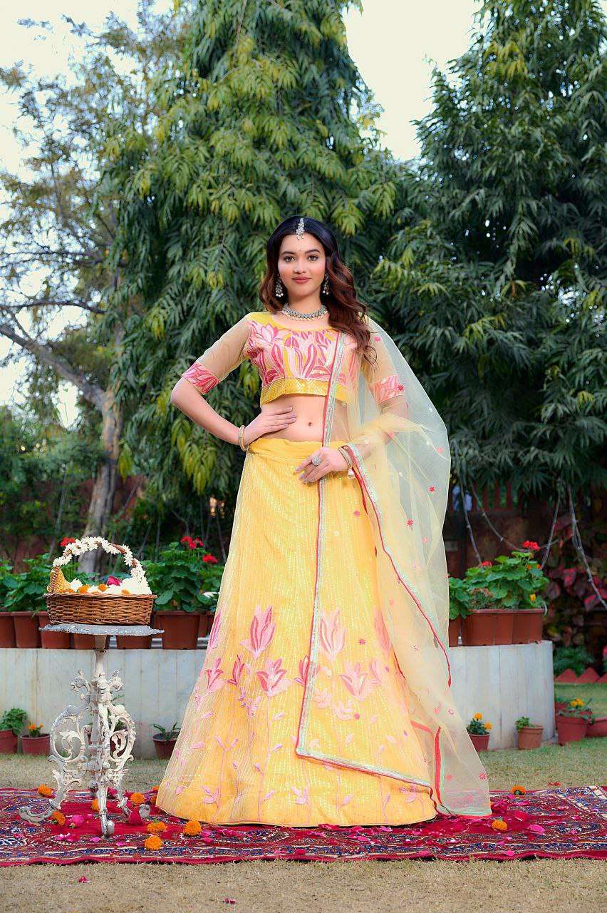 Women's  Tussar Silk Patola Printed Lehenga Set with Dupatta ? Stitched with Can Can Flair - Yellow