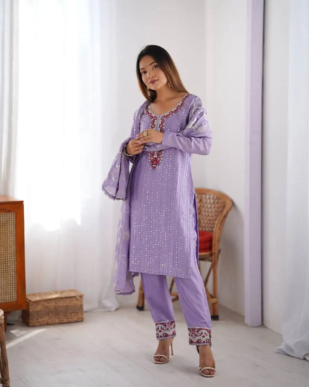 Women's Chinon Silk Sequence And Thread Work Straight Kurti With Pant and Dupatta Set - Purple, XL