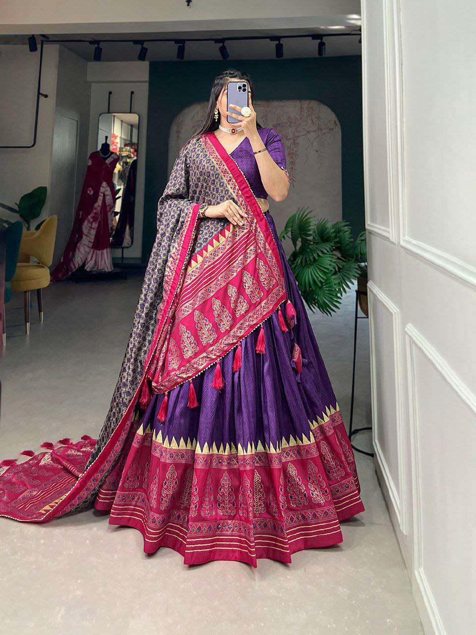 Women's Stitched Ethnic Lehenga Choli with Zari Border and Contrast Dupatta - Purple