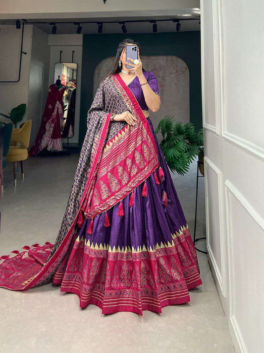 Women's Stitched Ethnic Lehenga Choli with Zari Border and Contrast Dupatta - Purple