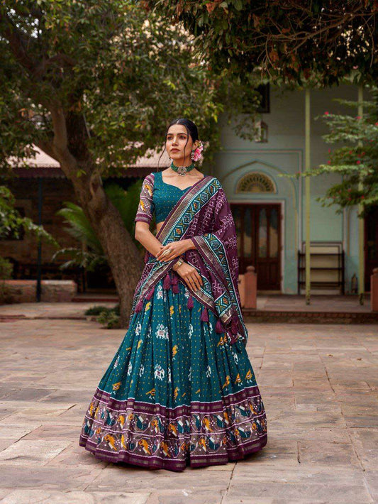 Women's Traditional Printed Lehenga Choli Set with Bandhani Dupatta ? Festive & Navratri Wear - Teal Blue
