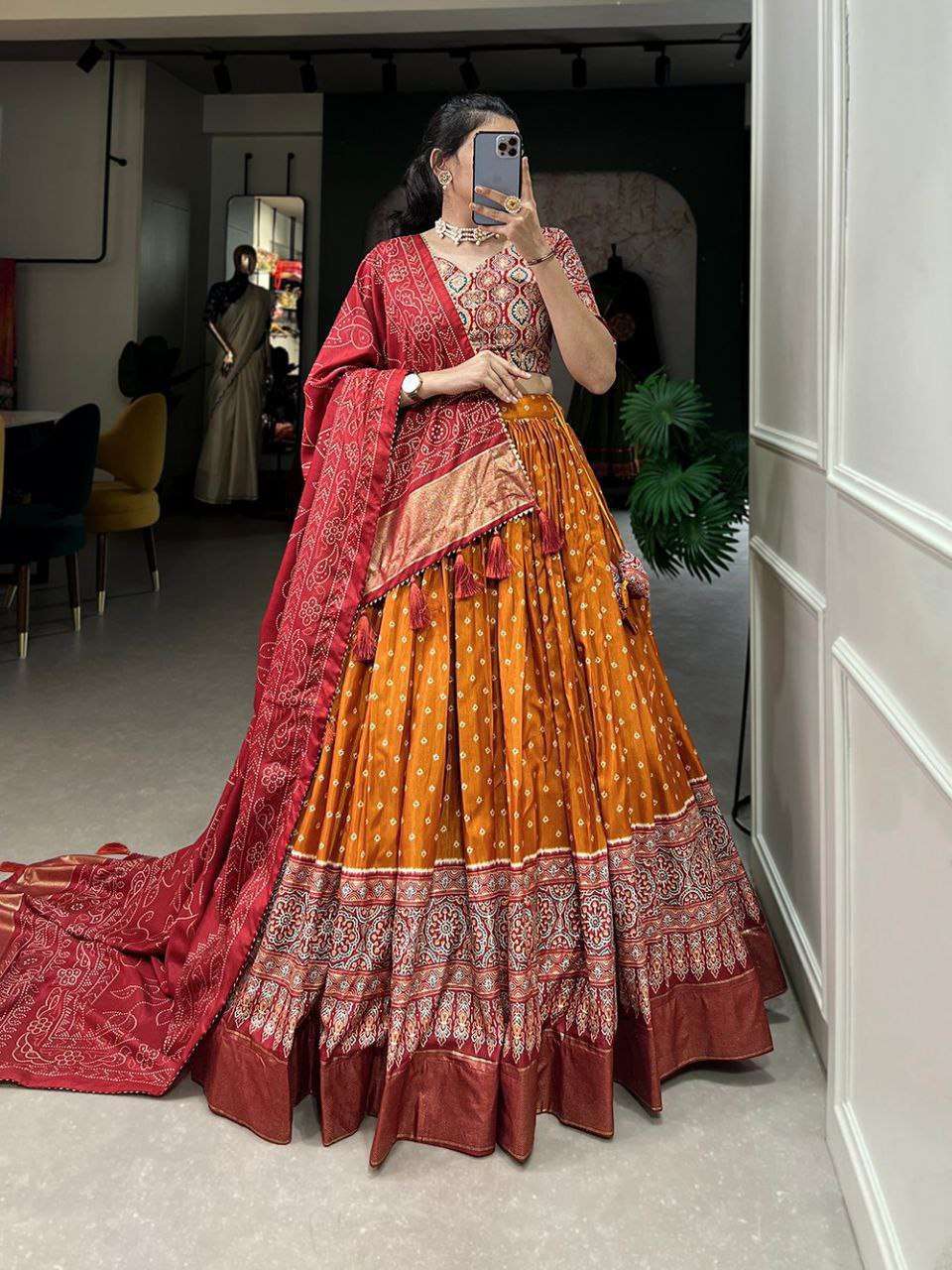 Women's Traditional Bandhani Ghagra Choli with Dupatta ? Navratri & Festive Wear - Orange