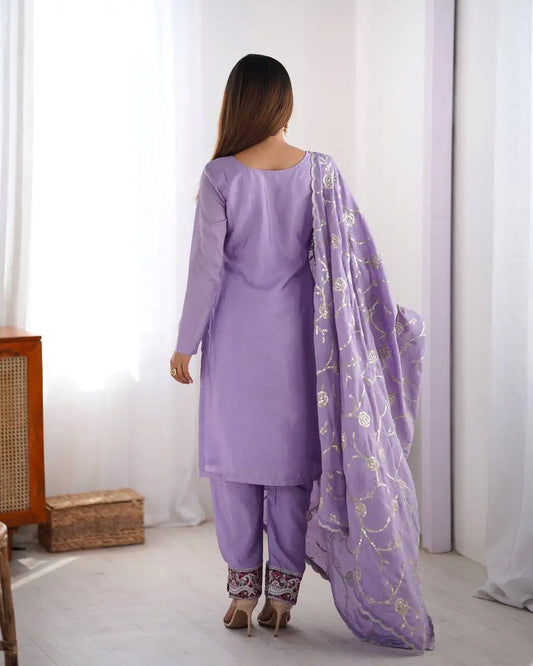 Women's Chinon Silk Sequence And Thread Work Straight Kurti With Pant and Dupatta Set - Purple, M