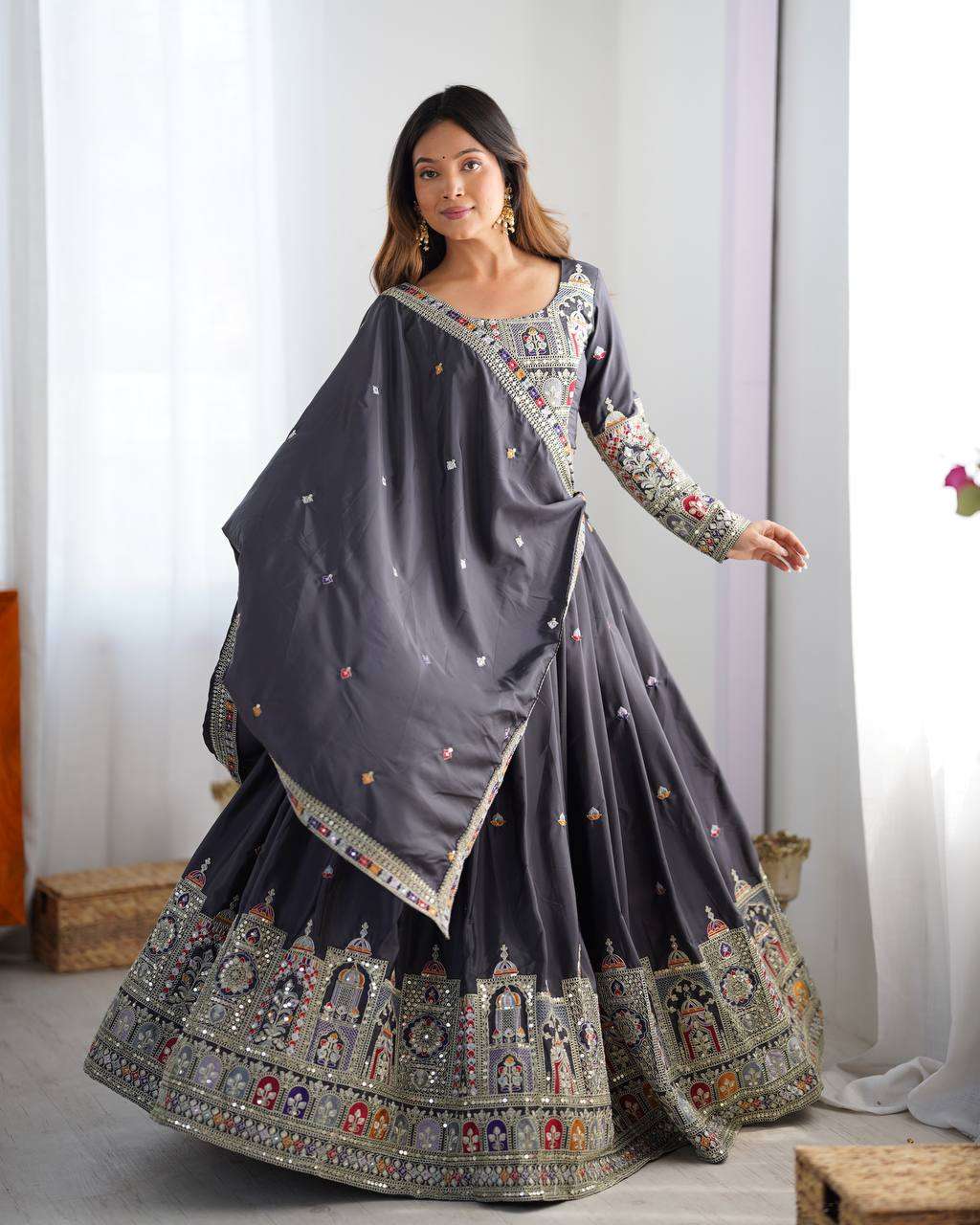 Women's Crepe Silk Sequence Embroidery and Zari Work Rajsthani Lehenga Choli with Dupatta - Black, XXL