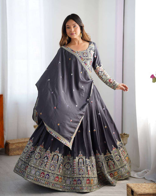 Women's Crepe Silk Sequence Embroidery and Zari Work Rajsthani Lehenga Choli with Dupatta - Black, XXL