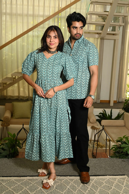Couple Matching Green Cotton Anarkali Midi Dress and Shirt Set ? Arrow Print