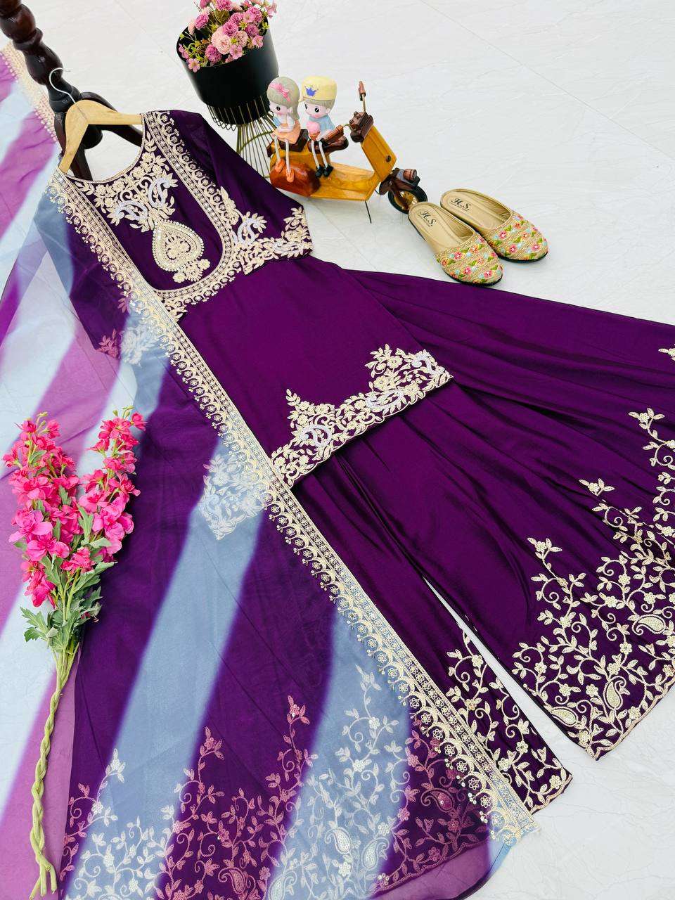 Women's Chinon Silk Sequence Embroidery Work Straight Kurti With Sharara Suit and Dupatta Set - Wine, XXL