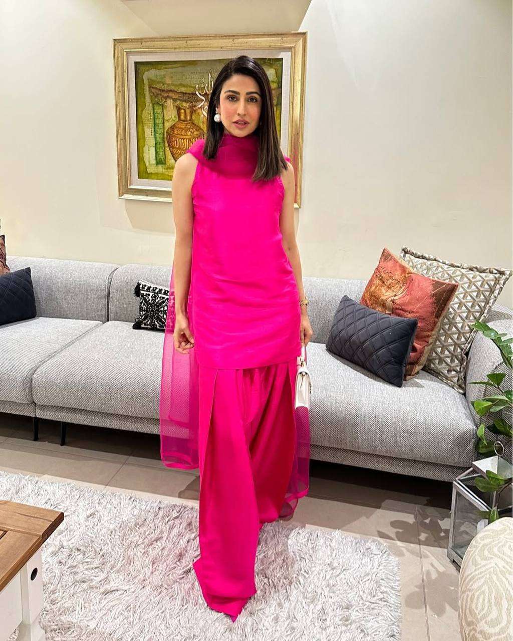 Women's Fendi Silk Solid Semi Stitched Sleeveless Kurti With Salwar and Dupatta set - Dark Pink, XL