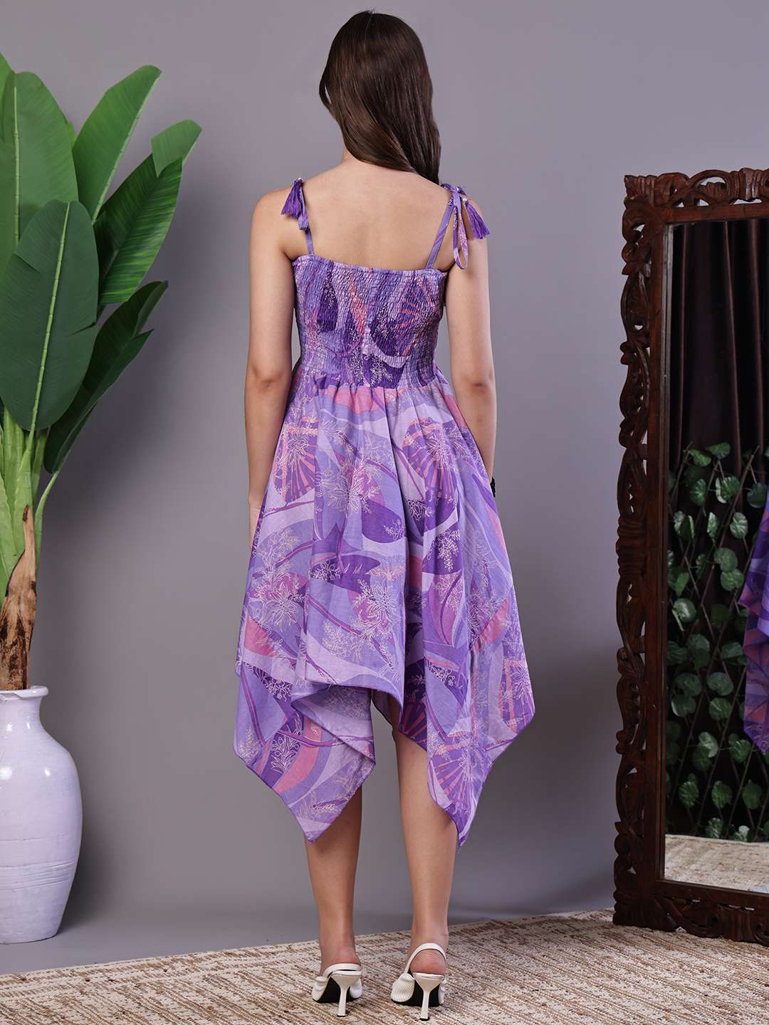 Women's Purple Printed Cotton Handkerchief Hem Midi Dress - M