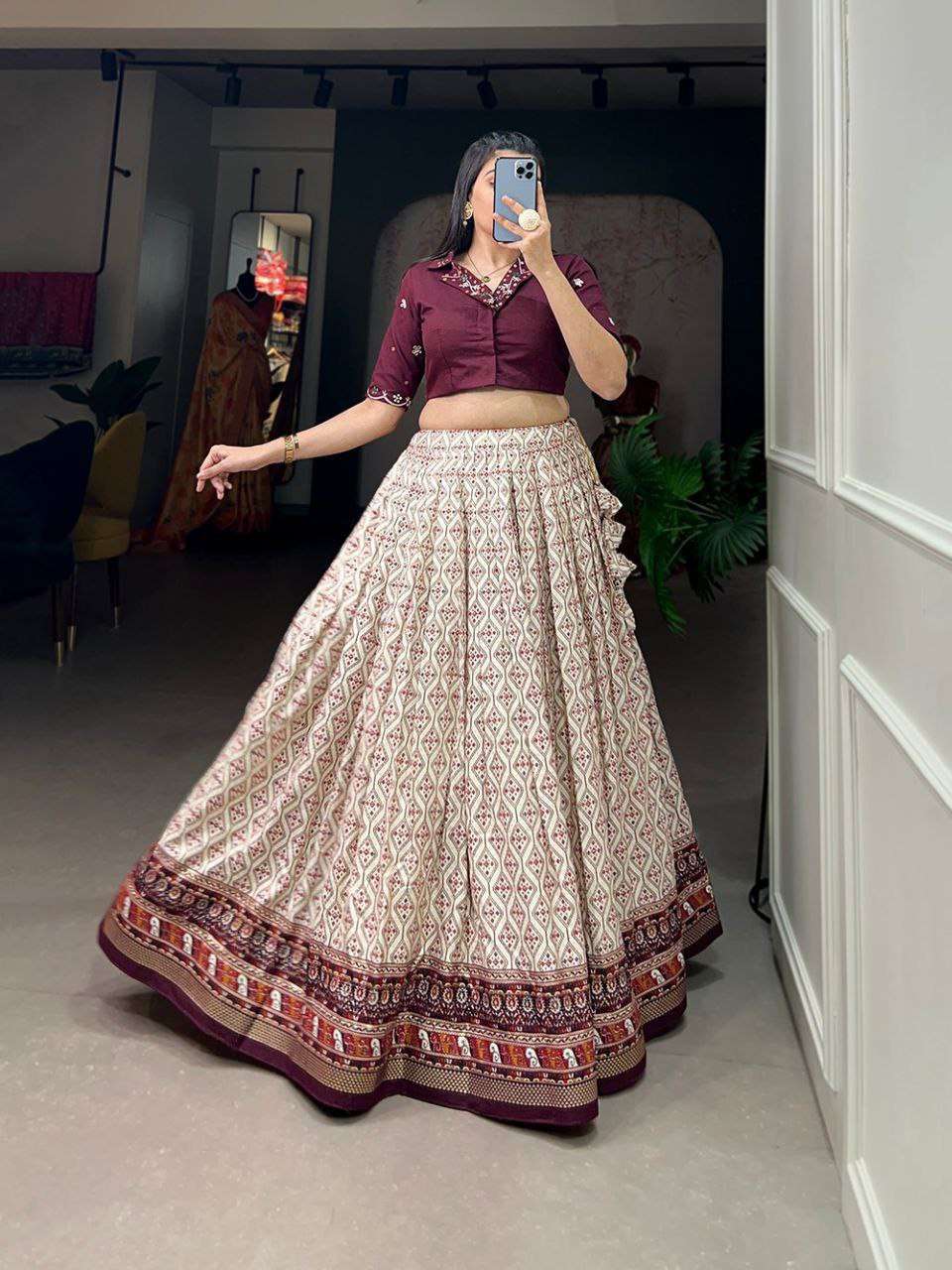Women's Printed Ethnic Lehenga Choli Set with Embroidered Blouse ? Stylish Festive Wear - Cream