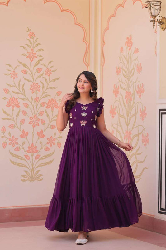 Women's Elegant Plum Purple Georgette Anarkali Gown with Butterfly Applique & Ruffle Sleeves â Festive & Special Occasion Wear - Purple, XXL (44)