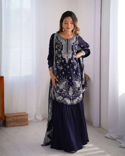 Women's Faux Georgette Sequins & Thread Work Straight Kurta With Sharara Suit and Dupatta Set - Nevy Blue, L