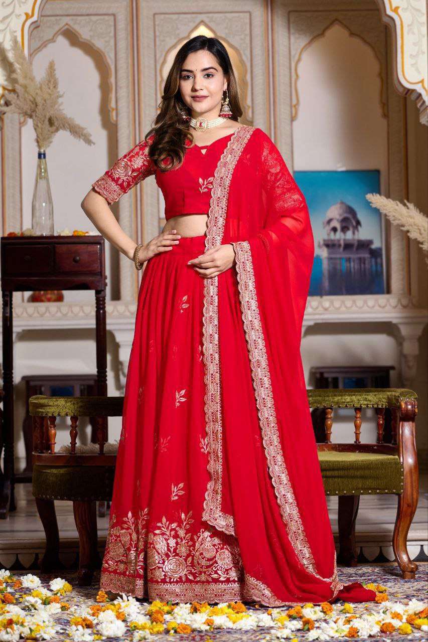 Women's Embroidered Lehenga Choli with Net Dupatta ? Festive & Wedding Wear Set - Red