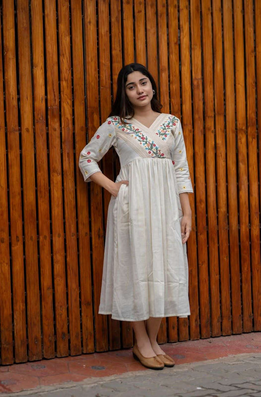 Women's Cotton Embroidered Short Anarkali Gown (Off White) - XL