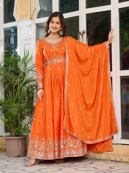 Women's American Silk Sequence Embroidery Long Anarkali Kurti (Gown) With Dupatta - Orange, XL