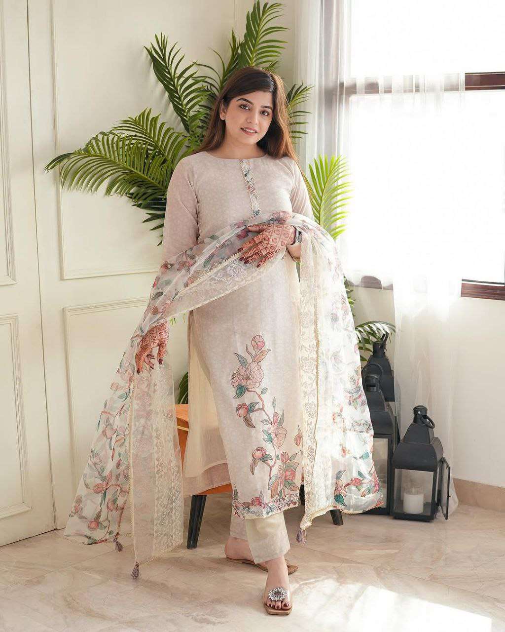 Women's Lilan Cotton Floral Printed Straight Pakistani Kurti with Pant and Dupattta - Beige, XXL