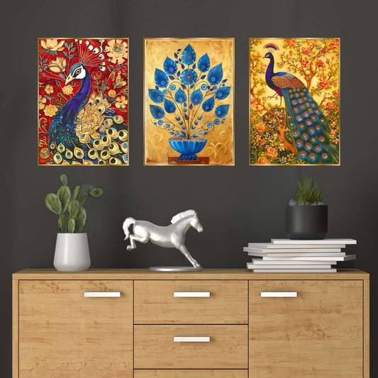 Set of Three Wall Paintings for Wall Dacoration Golden Framed Wall Paintings for Living Room & Bedroom Wall Art for Home Decoration & Office Wall DÃ©cor (18x12 inch CH-GD3-4)