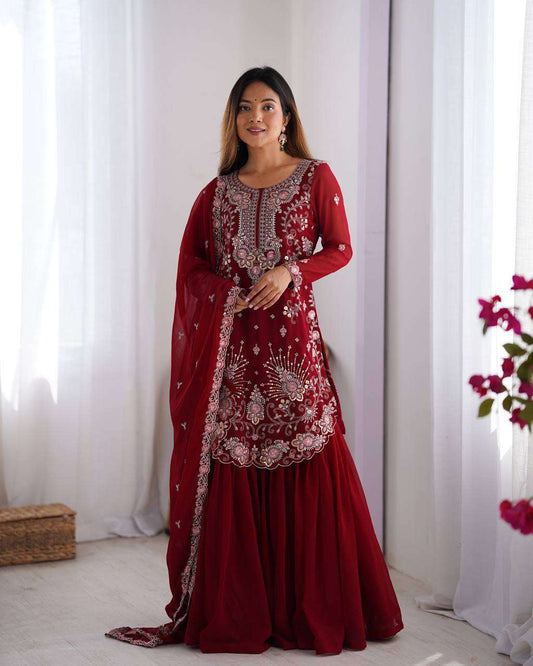 Women's Faux Georgette Sequins & Thread Work Straight Kurta With Sharara Suit and Dupatta Set - Red, M