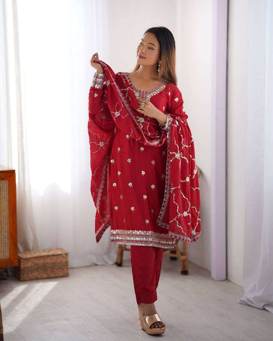 Women's Chinon Silk Embroidered Straight Kurti with Pant And Dupatta Set - Red, XL