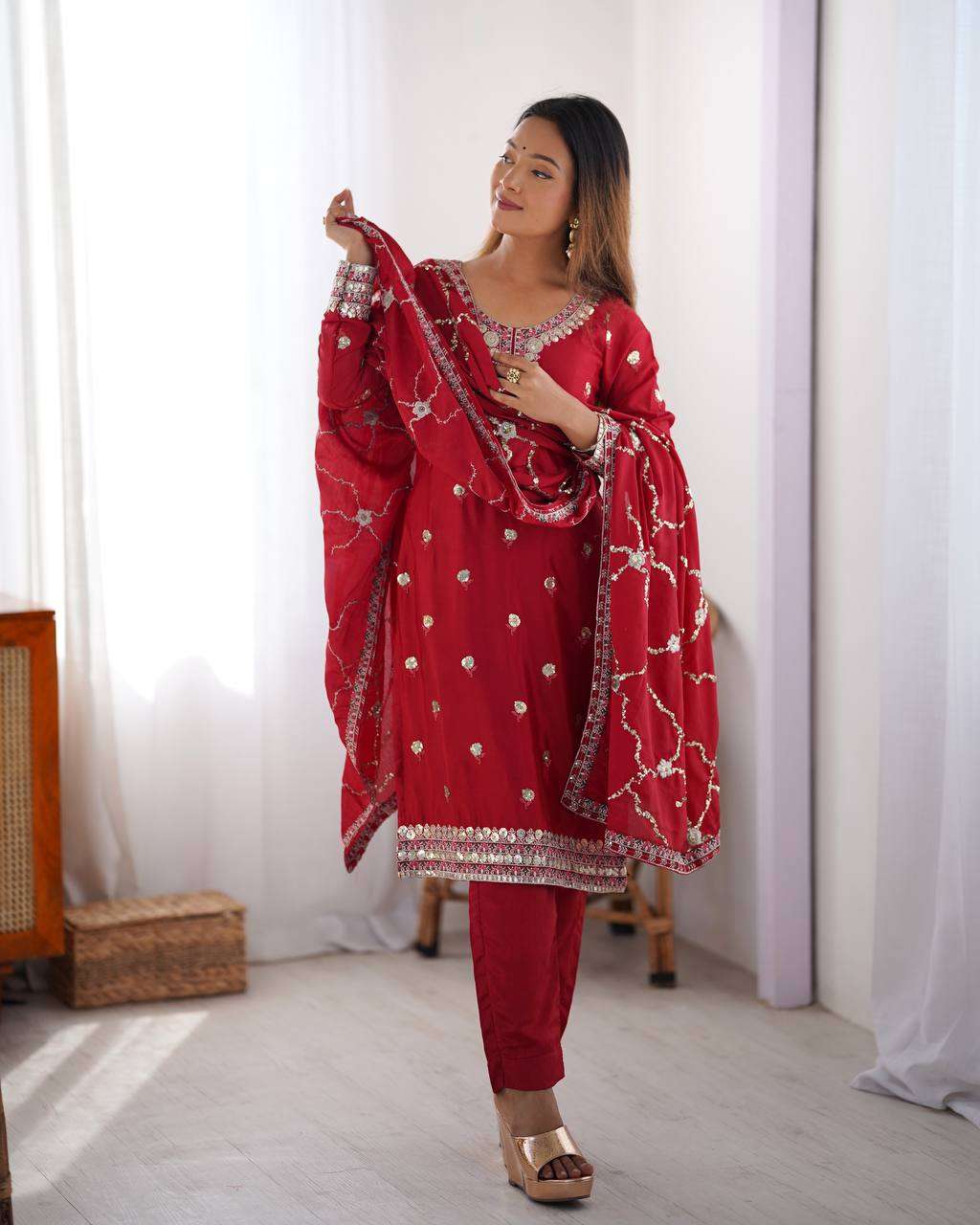 Women's Chinon Silk Embroidered Straight Kurti with Pant And Dupatta Set - Red, M