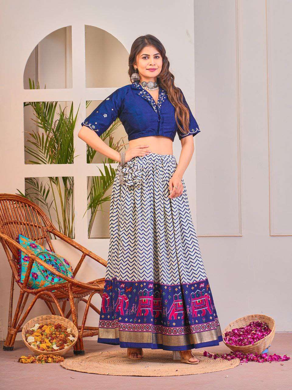 Women's Tussar Silk Patola Print Lehenga Choli Set with Foil Work - Blue