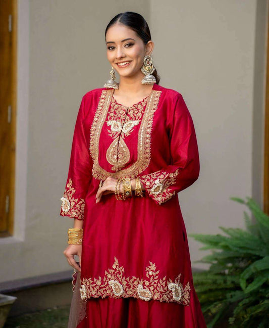 Women's Chinon Silk Sequence Embroidery Work Straight Kurti With Sharara Suit and Dupatta Set - Red, XXL