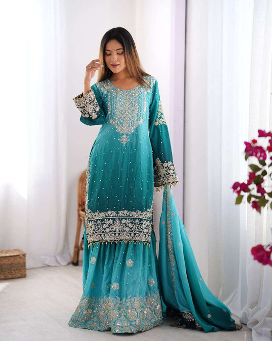 Women's Chinon Silk Sequence With Rivet Moti Work Straight Kurta With Sharara and Dupatta Set - Sky Blue, L
