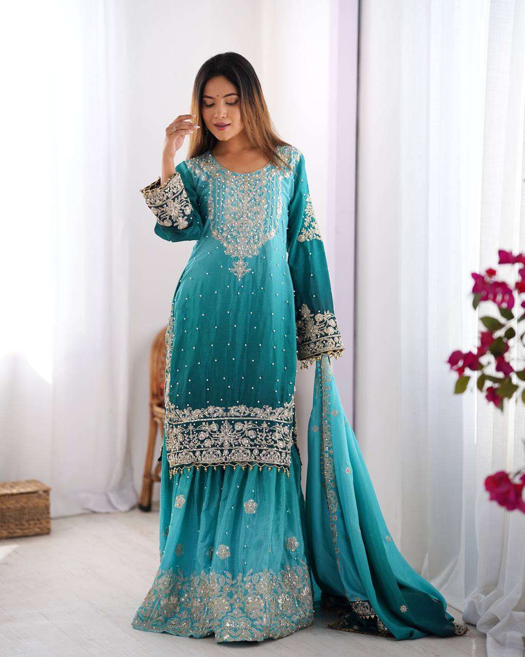 Women's Chinon Silk Sequence With Rivet Moti Work Straight Kurta With Sharara and Dupatta Set - Sky Blue, XL