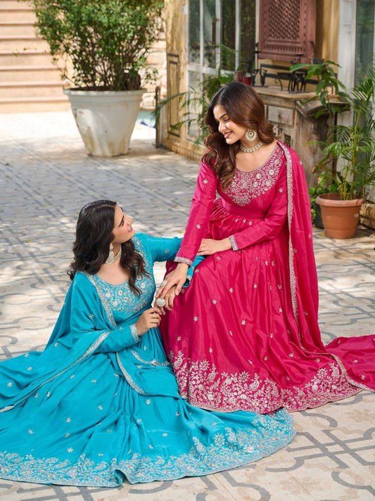 Women's American Silk Sequence Embroidery Long Anarkali Kurti Gown With Dupatta - Aqua Blue, XXL