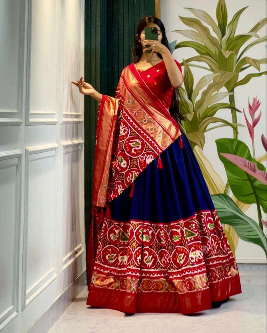 Women's Stitched Tussar Silk Patola Print Lehenga Choli Dupatta Set - Blue