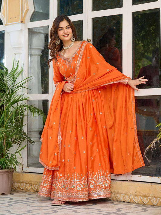 Women's American Silk Sequence Embroidery Long Anarkali Kurti (Gown) With Dupatta - Orange, XXL