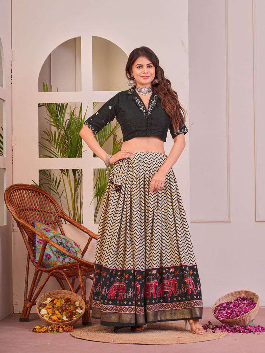 Women's Tussar Silk Patola Print Lehenga Choli Set with Foil Work - Black