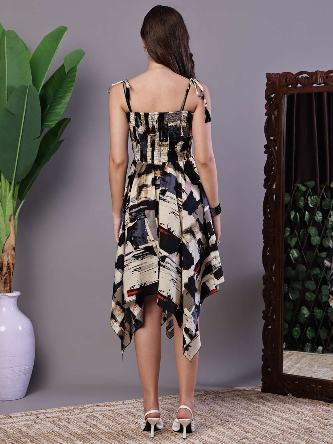 Women's Abstract Print Smocked Asymmetrical Hem Dress Midi Dresses - XL