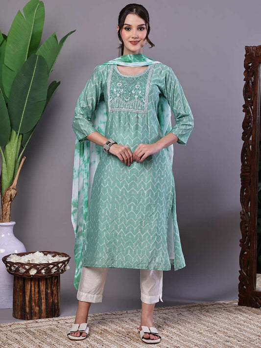 Women's Mint Green Chanderi Embroidered Kurta Set with Dupatta Suit Sets - XL