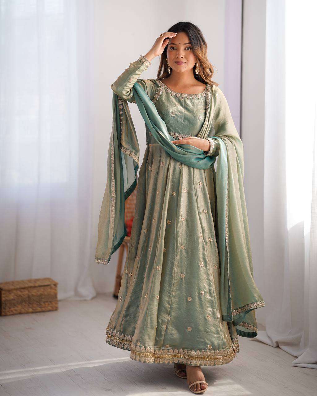 Women's Fandy Silk Coding with Sequnce work Long Anarkali Kurti Gown With Dupatta - Green, M