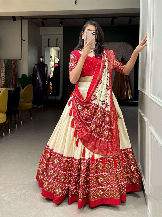 Women's Tussar Silk Patola Print Lehenga Choli Dupatta Set - Cream