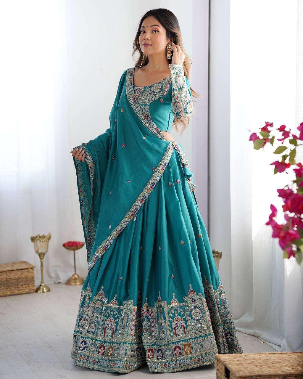 Women's Crepe Silk Sequence Embroidery and Zari Work Rajsthani Lehenga Choli with Dupatta - Aqua Blue, XL