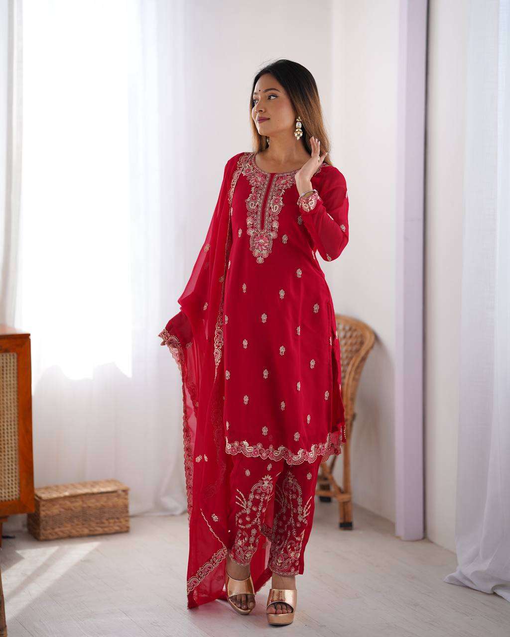 Women's Georgette Embroidery Straight Kurti with Pant And Dupatta Set - Red, XXL